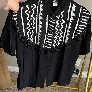Ali Miles Black/White Shirt with tassels and shoulder pads western style